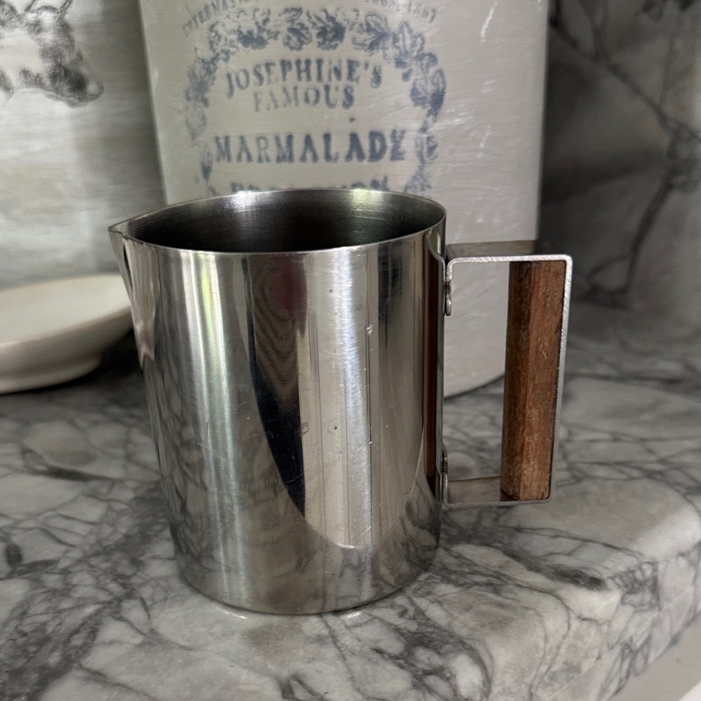 Vintage Stainless Steel Milk Frothing Pitcher with Wooden Teak Handle MCM Danish